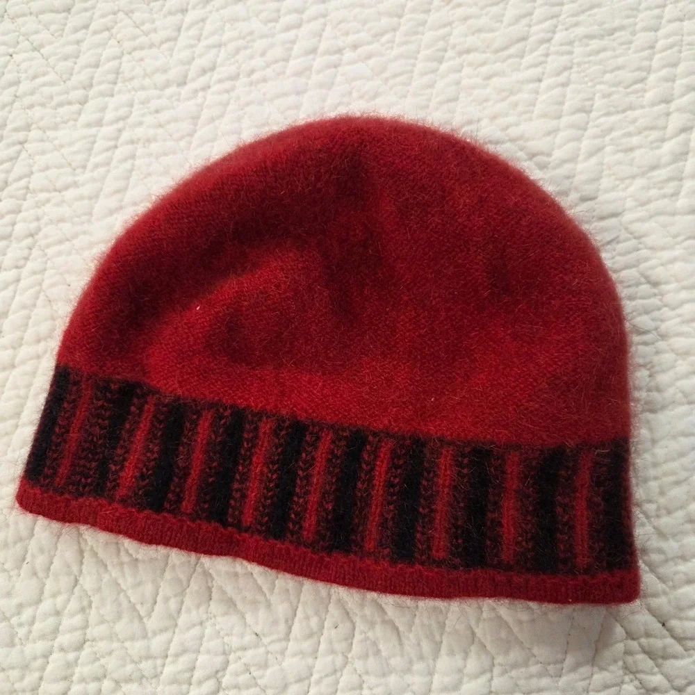 Red‎ Fuzzy Angora Blend Beanie Hat Black Striped Trim Winter Skull Cap Unisex